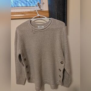 Suzy Shier Taupe Crewneck Sweater with Button Accents